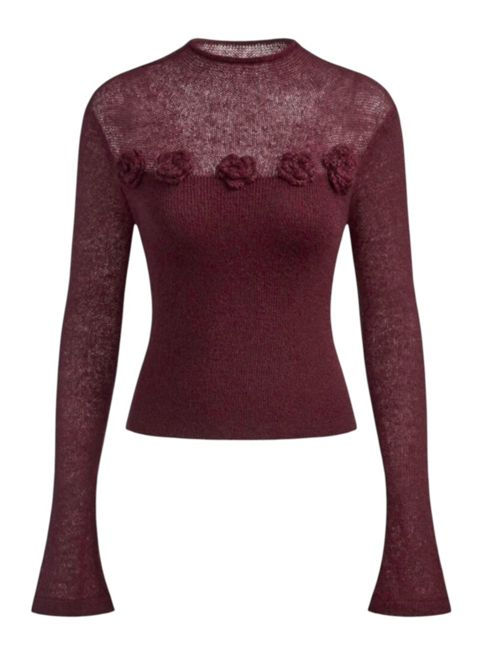 NWT Whimsigoth Y2K 3D Flower Soft Knit Top Sz M Burgundy Bell Sleeve Fitted Boho